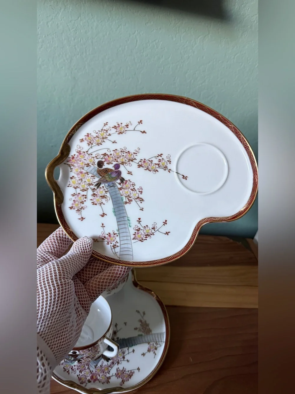 Vintage Koshida Japan Hand Painted Geisha Lithophane Snack Set w/ Nasco Spoons